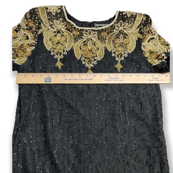 VTG Carolyne Barton Night pure silk Black Gold beaded 3/4 sleeve dress size M - Picture 9 of 10